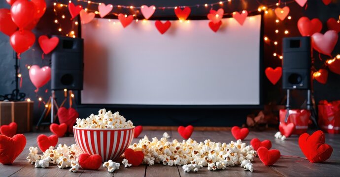 Romantic setup. Movie night ambiance with popcorn, hearts, balloons. Festive decorations create cozy atmosphere. Perfect date idea.