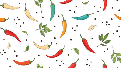 Seamless pattern with colorful chili peppers peppercorns and green leaves on white background for food design.