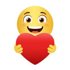 Cute smiling emoji holding red heart, symbol for valentine's day isolated on transparent background 