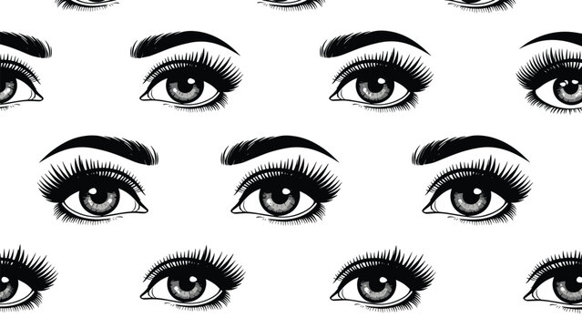 Seamless pattern with beautiful female eyes and eyebrows in black and white hand drawn engraving style.