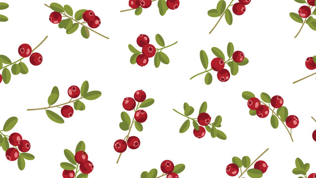 Seamless pattern with ripe red cranberries and green leaves scattered on a white background for textile or wallpaper design.