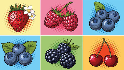 Colorful pop art style illustration set of strawberries raspberries blueberries blackberries and cherries on bright backgrounds.
