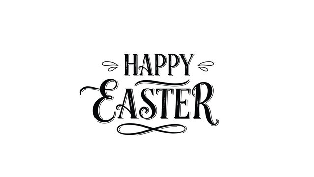 Elegant black calligraphy text reading Happy Easter with decorative flourishes on a plain white background for cards.