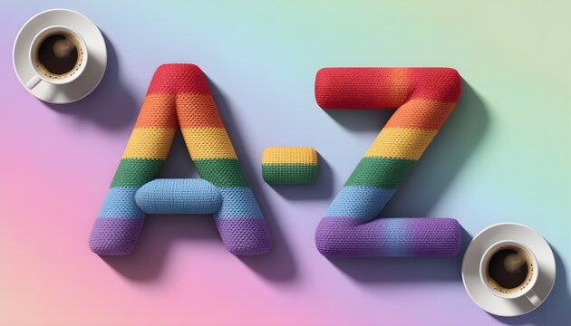 A colorful knitted alphabet, knitted alphabet with rainbow color, knitted letters and coffee cups on a pastel background