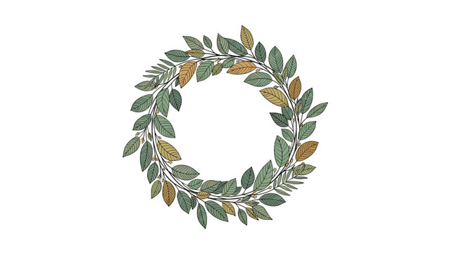 Circular wreath made of hand drawn green and brown autumn leaves on white background for decorative framing design.