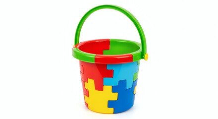 A colorful toy bucket with a green handle, constructed from puzzle-piece shapes. The bucket's exterior is divided into various vibrant colors
