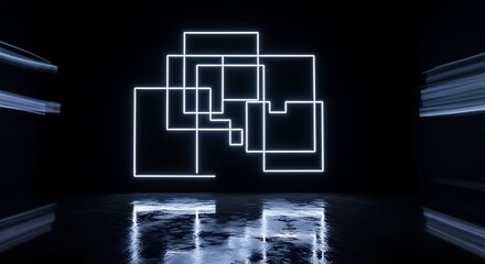 Abstract Neon Geometric Squares Composition on Reflective Surface, Dark Background.