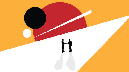 Two Business People Silhouettes Shaking Hands on Abstract Background. White collar workers, men at work and activities vector art