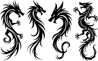 Mythical Winged Dragon & Phoenix Silhouette Tattoo Design Set