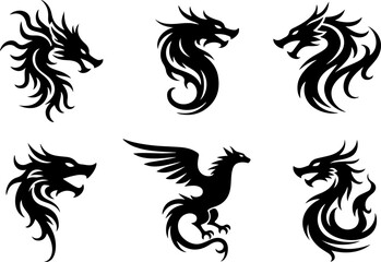 Mythical Winged Dragon & Phoenix Silhouette Tattoo Design Set