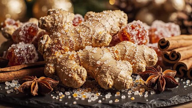 Festive holiday arrangement of fresh ginger roots, star anise, cinnamon sticks and sparkling sugar