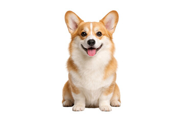 Cute Pembroke Welsh Corgi dog sitting on a clean white background, looking forward with a happy expression, upright ears, fluffy coat, and friendly posture.  © MJ iceberg