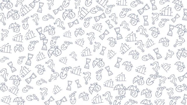 Background with financial doodles of graphs, dollar signs, hourglasses. Perfect for finance presentations, websites, and brochures targeting investors.