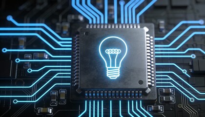 Smart innovation microchip concept video with glowing lightbulb symbol on processor, artificial intelligence creativity technology background, digital ideas, future computing