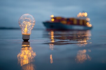 Light bulb floats in water with cargo ship and lights in the background at dusk near a port in the evening sky