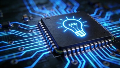 Smart innovation microchip concept video with glowing lightbulb symbol on processor, artificial intelligence creativity technology background, digital ideas, future computing