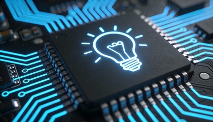 Smart innovation microchip concept video with glowing lightbulb symbol on processor, artificial intelligence creativity technology background, digital ideas, future computing