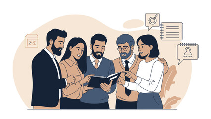 Diverse team collaborating, reading a book with business icons and notes illustration