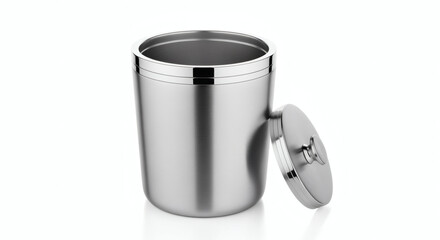 A gleaming, cylindrical metallic container with a slightly ajar lid. Its reflective surface captures the light, creating subtle highlights