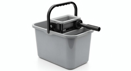 A gray cleaning bucket featuring a wringer and handle, shot on a white background