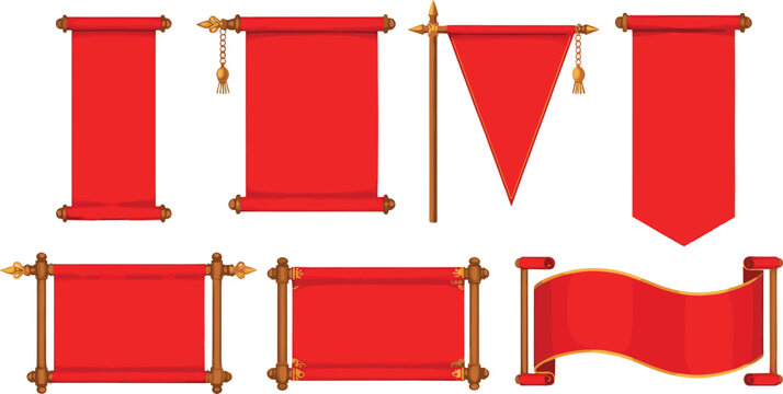 Collection of red decorative banners and scrolls with gold accents, perfect for announcements, medieval designs, celebrations, and festive themes
