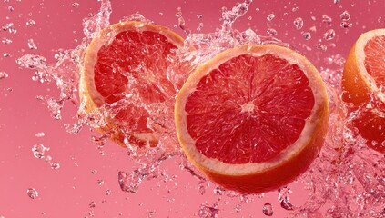 Close-up of grapefruit halves amidst a dynamic water splash, set against a pink backdrop