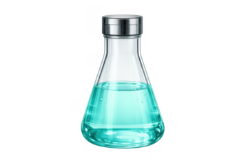 Chemical beaker containing a teal solution, representing pharmaceutical development, laboratory analysis, and medical discovery