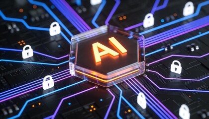 Artificial intelligence processor chip glowing on futuristic motherboard with neon digital circuits and ai core technology microchip concept for machine learning innovation