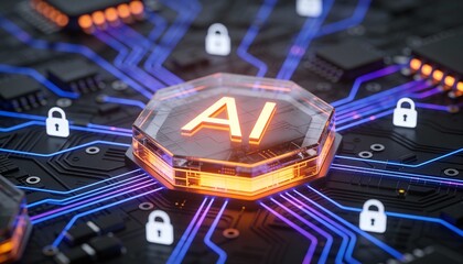 Artificial intelligence processor chip glowing on futuristic motherboard with neon digital circuits and ai core technology microchip concept for machine learning innovation