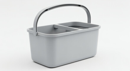 A gray, plastic cleaning caddy with a handle and compartments for organization, on a white background
