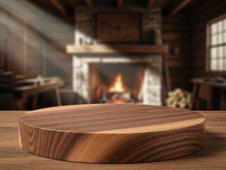 Cozy log cabin interior with a warm fireplace and a wooden display podium, product photography podium