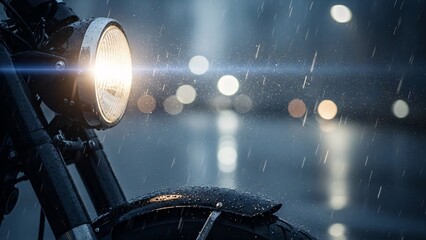 Motorcycle headlight illuminates rainy night street with bokeh lights