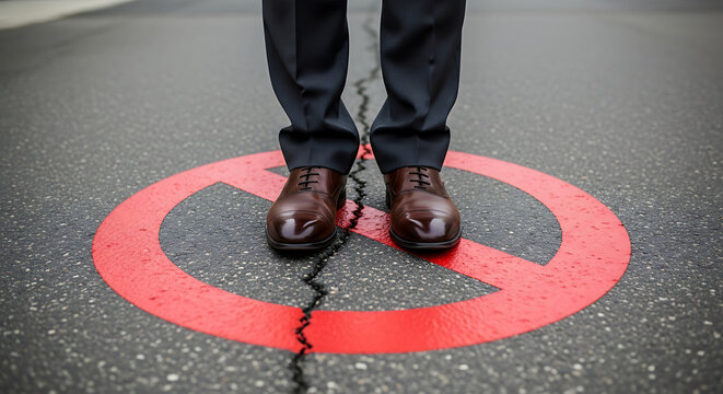 Man Standing on Cracked Road Surface with Prohibition Sign