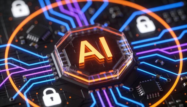 Artificial intelligence processor chip glowing on futuristic motherboard with neon digital circuits and ai core technology microchip concept for machine learning innovation - Powered by Adobe