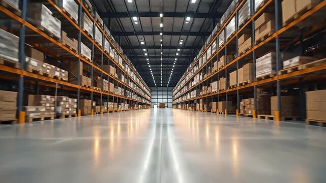 Vast warehouse interior with rows of shelves filled with cardboard boxes, ready for distribution.