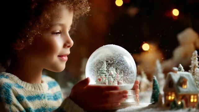 A Young Child Gazes in Wonder at a Snow Globe, Capturing a Magical Winter Scene with Tiny Houses and Snowflakes, Evoking the Spirit of Holiday Joy and Childhood Imagination