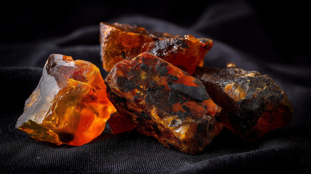 copal. Several raw amber copal resin pieces on black velvet with ancient inclusions. gardening catalogs, home-decor guides, designed for home decor and floral branding, used by video editors.