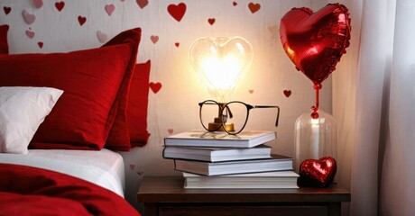 Romantic bedroom scene. Red accents, heart motifs, warm lighting create cozy atmosphere. Books, glasses present intimate setting.