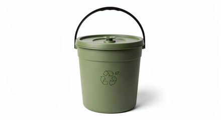 A green, round compost bin with a lid, handle, and recycling symbol, set against a plain white background
