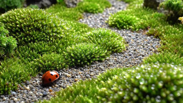 Tiny ladybug explores a lush green mossy path in a miniature natural environment