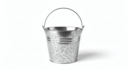 A metallic, galvanized bucket with a curved handle, sitting on a white surface, casting a subtle shadow. The bucket has horizontal bands
