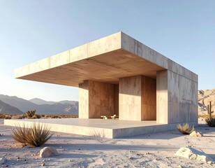 Abstract yet realistic brutalist architecture in a remote desert setting, sculptural