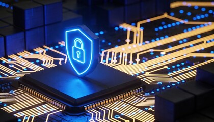 Cybersecurity digital shield glowing on network data background protecting information system in futuristic server room technology security concept