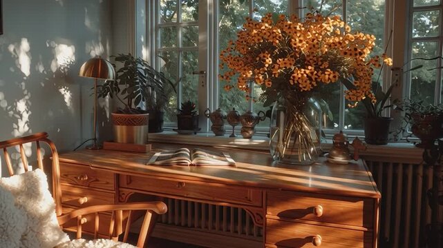 Interior Oasis: Serene home office filled with soft sunlight, lush plants, and delicate floral arrangements create a warm inviting atmosphere.