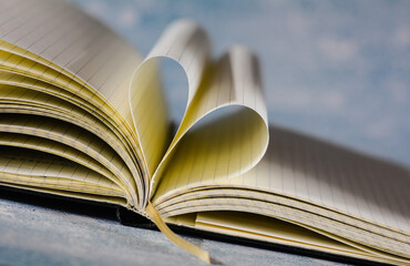 Open note book with two heart shaped pages isolated with copy space
