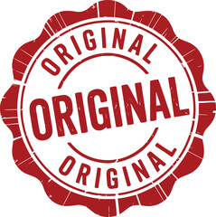 A round grunge textured red original rubber stamp with multiple concentric rings on a white surface