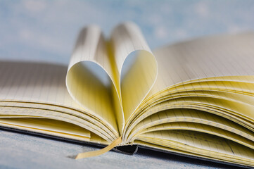 Open note book with two heart shaped pages isolated with copy space
