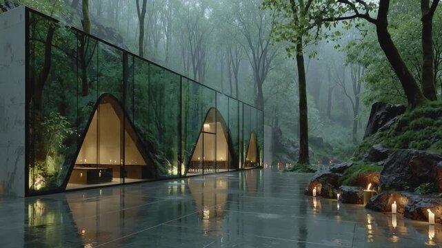 Rainy Day Architecture: A striking modern building, seamlessly blending with its verdant, misty environment, featuring sleek lines and a tranquil atmosphere.
