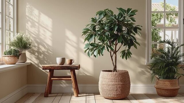 Tranquil Interior with Lush Greenery: a serene indoor scene showcasing the blend of nature and interior design, featuring natural light, potted plants, and minimalist decor.
