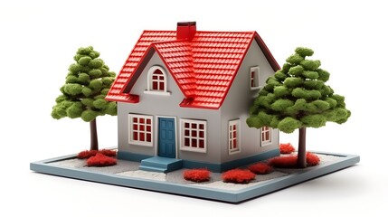Charming miniature house with red roof and green trees on display